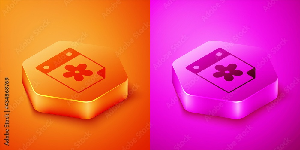 Isometric Calendar with flower icon isolated on orange and pink background. Hexagon button. Vector