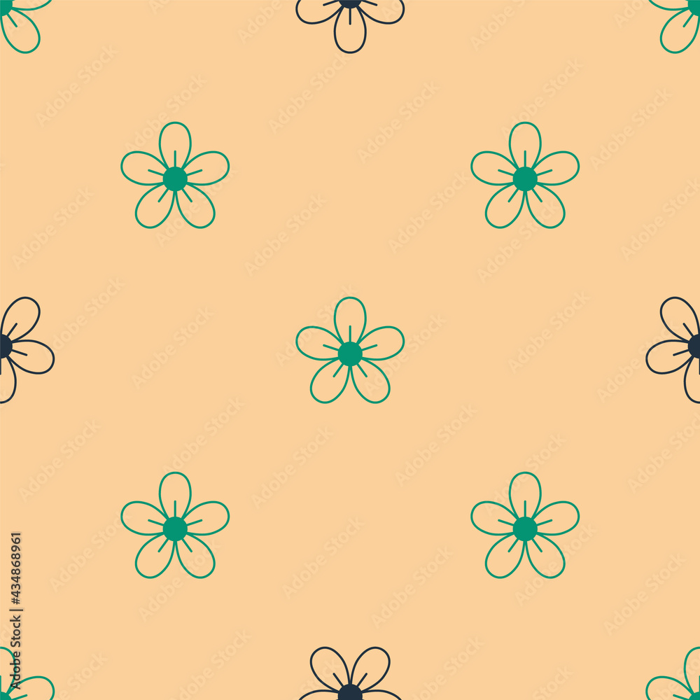 Green and black Flower icon isolated seamless pattern on beige background. Vector