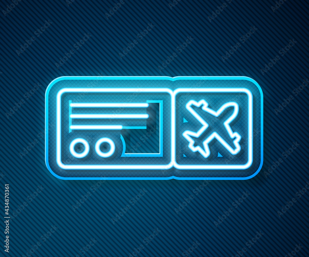 Glowing neon line Airline ticket icon isolated on blue background. Plane ticket. Vector