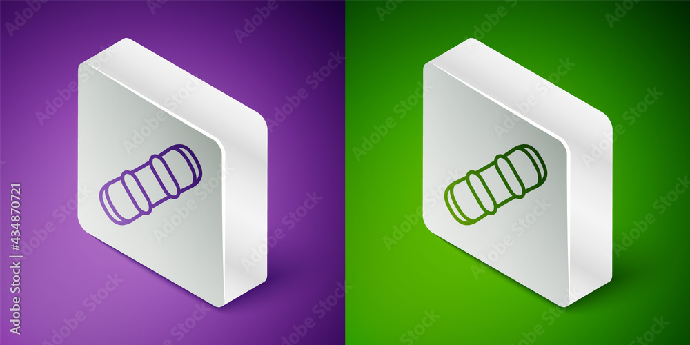 Isometric line Snowboard icon isolated on purple and green background. Snowboarding board icon. Extr