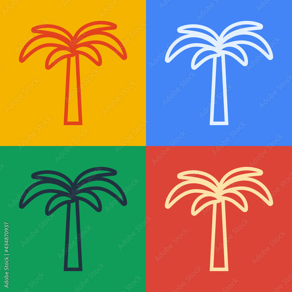 Pop art line Tropical palm tree icon isolated on color background. Coconut palm tree. Vector