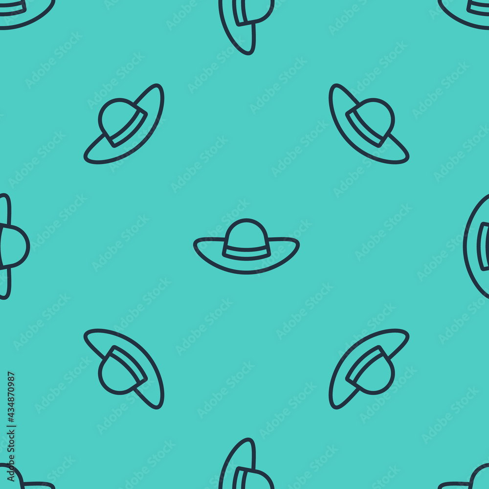 Black line Elegant women hat icon isolated seamless pattern on green background. Vector