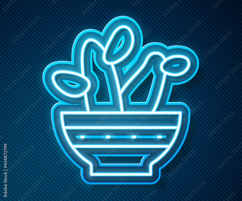 Glowing neon line Cactus peyote in pot icon isolated on blue background. Plant growing in a pot. Pot