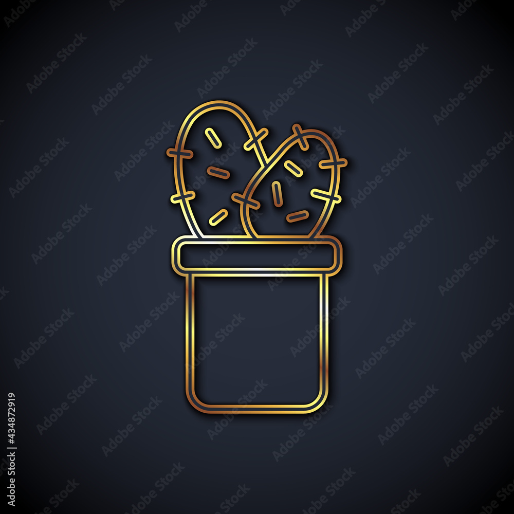 Gold line Cactus peyote in pot icon isolated on black background. Plant growing in a pot. Potted pla