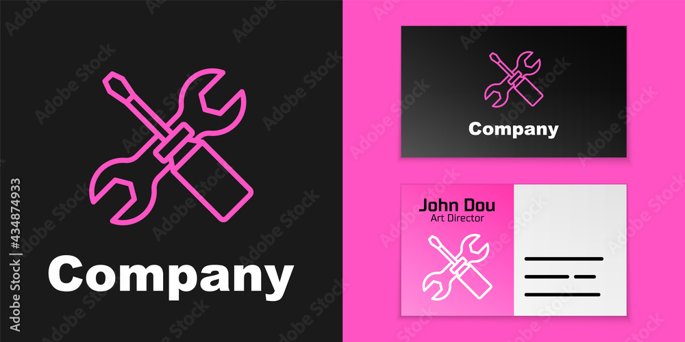 Pink line Screwdriver and wrench spanner tools icon isolated on black background. Service tool symbo