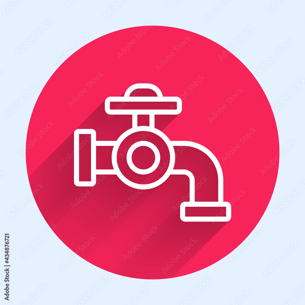 White line Water tap icon isolated with long shadow. Red circle button. Vector