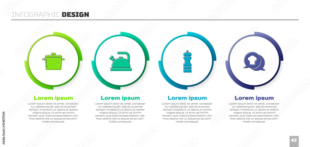 设置烹饪锅、带把手的水壶、胡椒和厨师帽演讲气泡。商业信息图模板