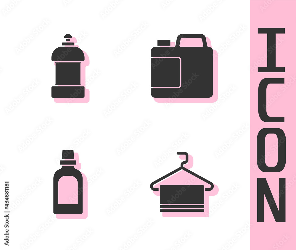 Set Towel on hanger, Bottle for cleaning agent, and icon. Vector