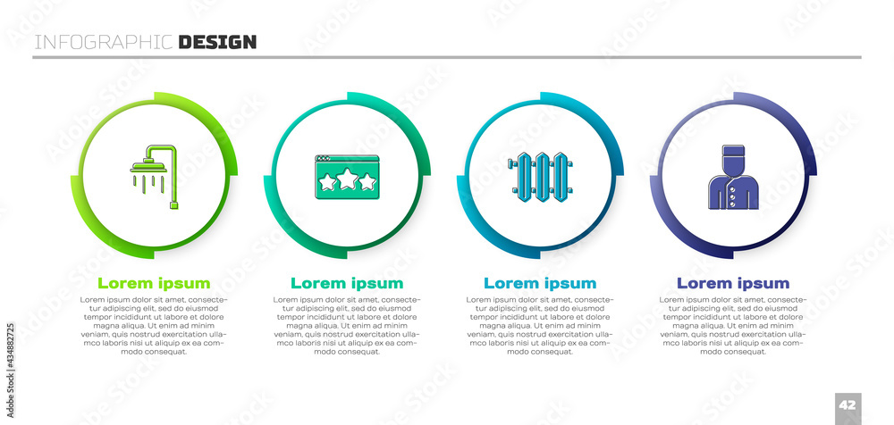 套装淋浴器，五星评级评审，暖气散热器和礼宾服务。商业信息图模板。