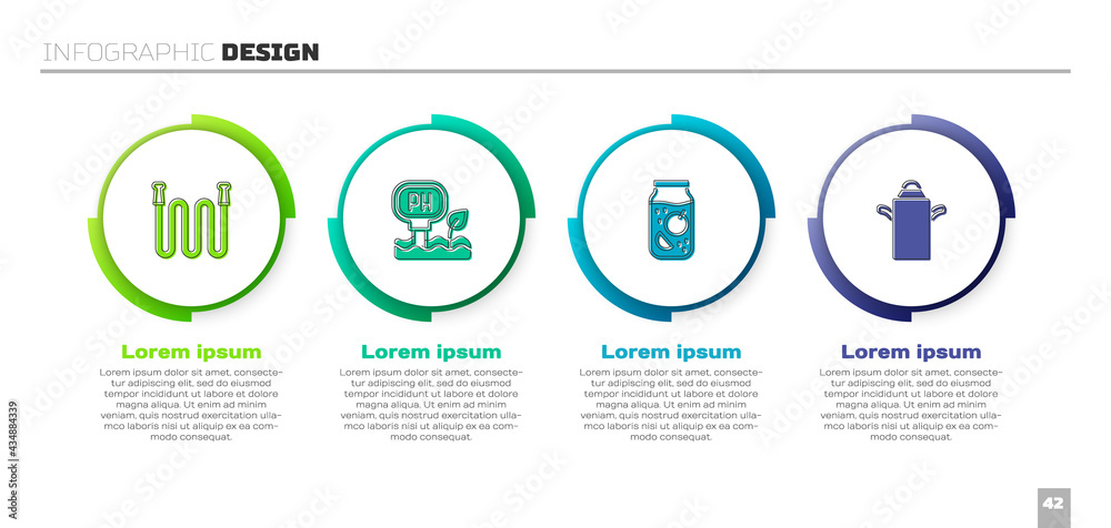 设置花园软管、土壤ph测试、果酱罐和牛奶罐。商业信息图模板。
