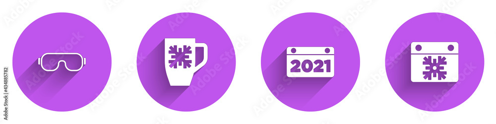 Set Ski goggles, Coffee cup with snowflake, Calendar and icon with long shadow. Vector