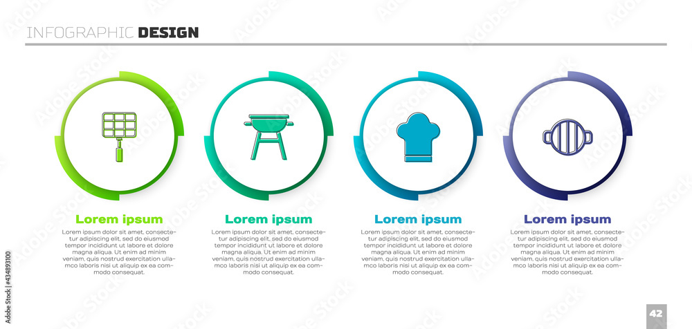 设置烧烤钢格栅、烤架、厨师帽和。商业信息图模板。Vector
