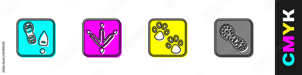 Set Human footprints shoes, Chicken paw, Paw and icon. Vector