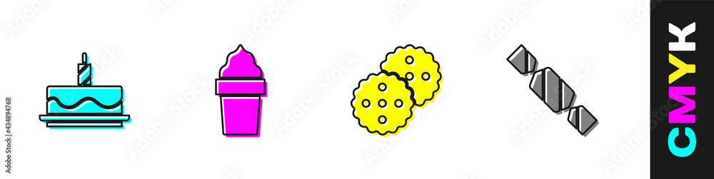 Set Cake with burning candles, Ice cream waffle cone, Cookie or biscuit and Candy icon. Vector