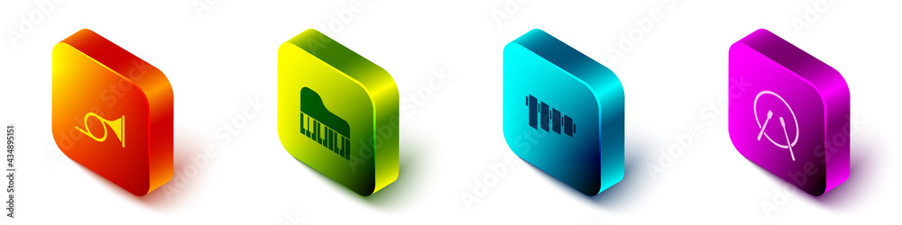 Set Isometric Trumpet, Grand piano, Pan flute and Drum drum sticks icon. Vector