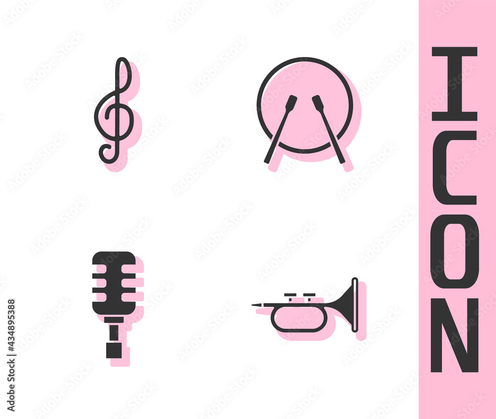 Set Trumpet, Treble clef, Microphone and Drum and drum sticks icon. Vector