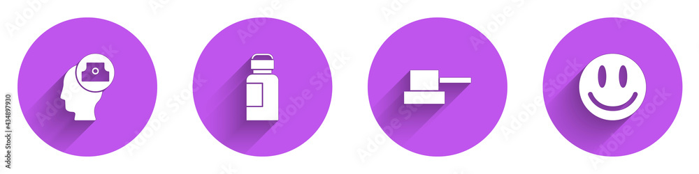 Set Spray can nozzle cap, Paint, gouache, jar, dye, and Smile face icon with long shadow. Vector