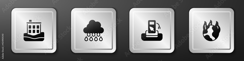 设置房屋洪水、乌云密布、汽油站或加油站以及全球变暖火灾图标。银色广场
