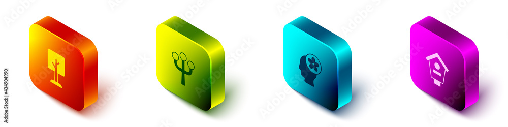 Set Isometric Forest, Blossom tree branch, Human head with flower inside and Bird house icon. Vector