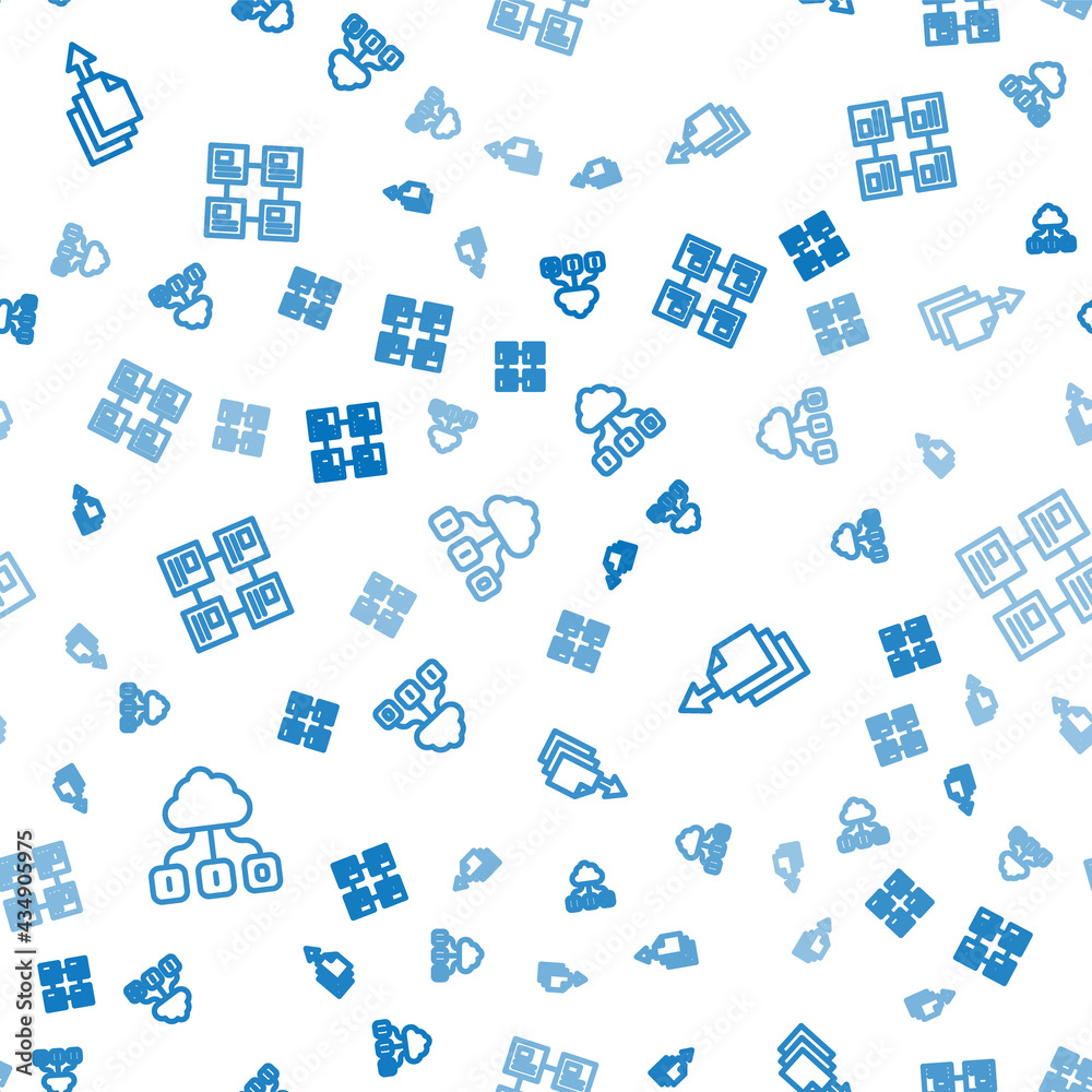 Set line Cloud technology data transfer, Data export and Hierarchy organogram chart on seamless patt