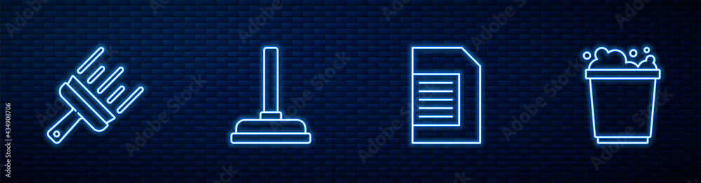 洗衣液、窗户橡胶清洁剂、柱塞和泡沫桶。发光霓虹灯i