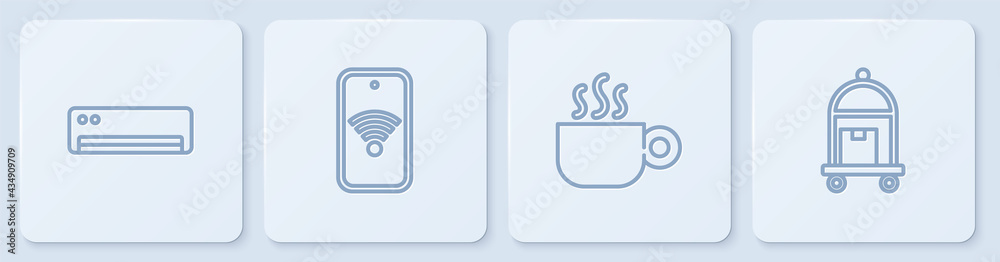 设线空调，咖啡杯，带无线网络和手提箱的手机。白色方形按钮。