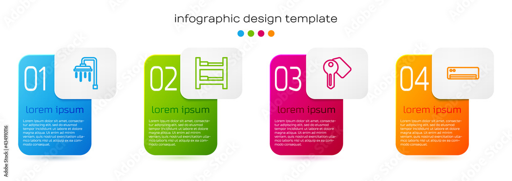 Set line Shower, Hotel room bed, door lock key and Air conditioner. Business infographic template. V