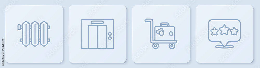 Set line加热散热器，手提箱，电梯和五星评级审查。白色方形按钮。矢量