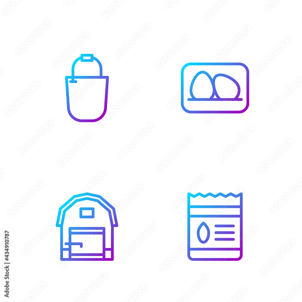 Set line Pack full of seeds of plant, Farm house, Bucket and Chicken egg. Gradient color icons. Vect