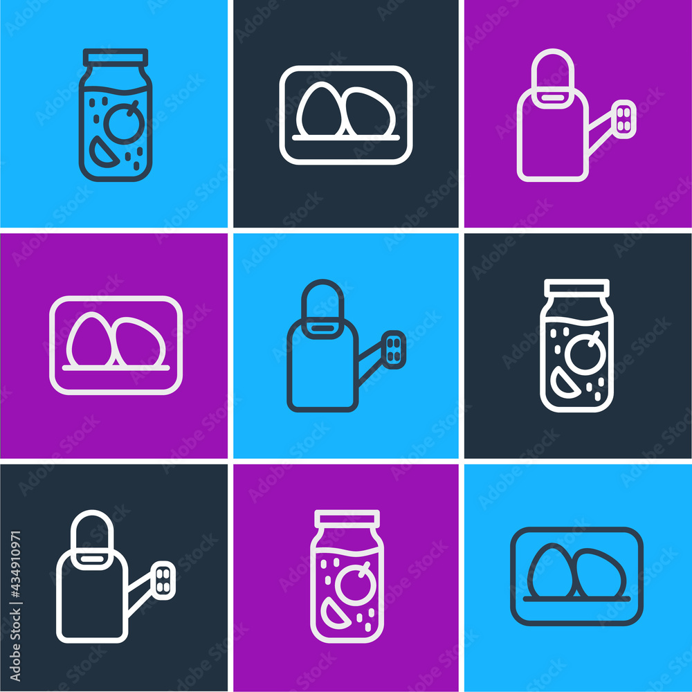 Set line Jam jar, Watering can and Chicken egg icon. Vector