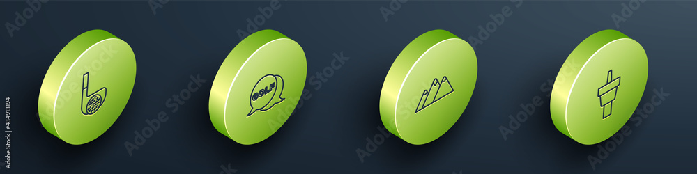 Set Isometric line Golf club with ball, label, Mountains and tee icon. Vector