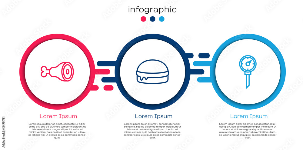 设置线鸡腿、汉堡和厨房温度计。商业信息图模板。矢量
