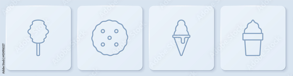 定线棉花糖、华夫饼冰淇淋、饼干或饼干和白色方形按钮。矢量