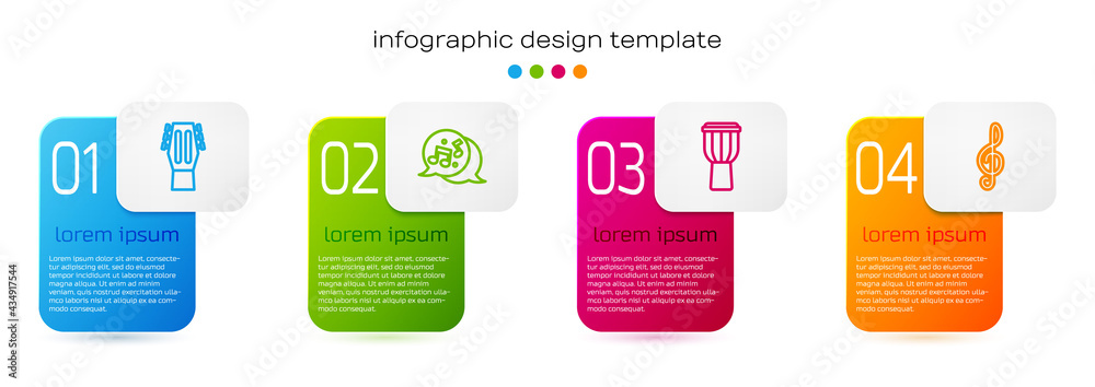 设置线吉他，音符，音调，鼓和高音谱号。商业信息图模板。矢量