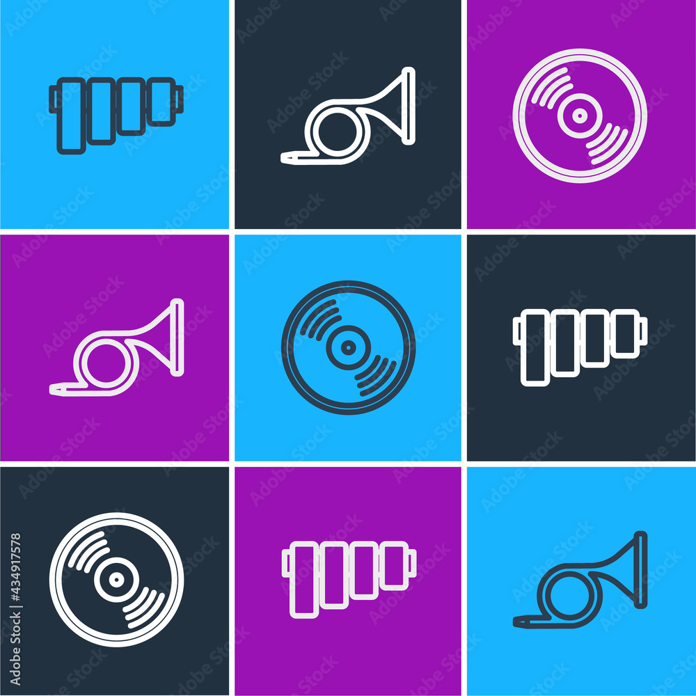 Set line Pan flute, Vinyl disk and Trumpet icon. Vector