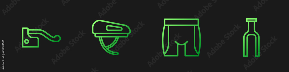 Set line Cycling shorts, Bicycle brake, helmet and fork. Gradient color icons. Vector