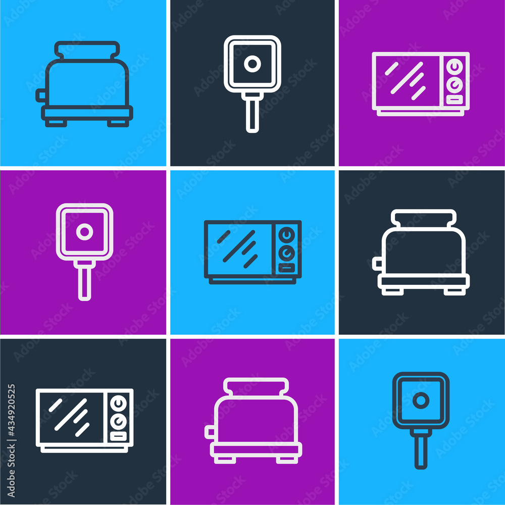 Set line Toaster, Microwave oven and Frying pan icon. Vector