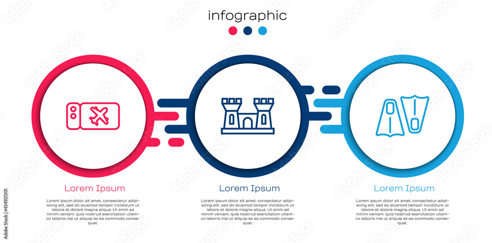 Set line Airline ticket, Sand castle and Rubber flippers for swimming. Business infographic template