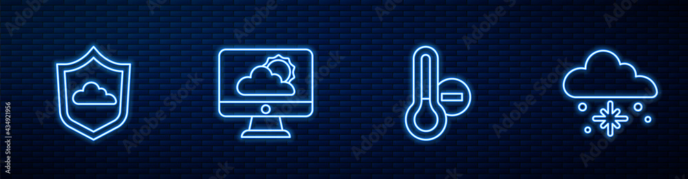 设置气象温度计、天气预报和有雪的云。砖上闪闪发光的霓虹灯图标
