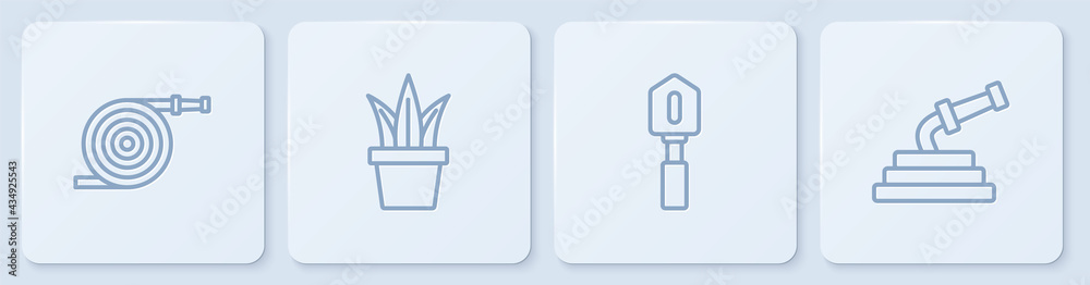设置花园软管、铲子、花盆和白色方形按钮。矢量