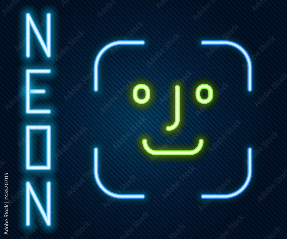 Glowing neon line Face recognition icon isolated on black background. Face identification scanner ic