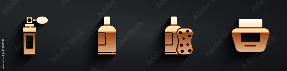 Set Perfume, Bottle of shampoo, Bottle of shampoo and sponge and Cream or lotion cosmetic tube icon 