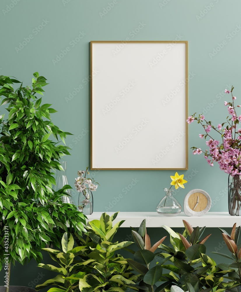 Mock up gold photo frame on the white shelf with beautiful plants.