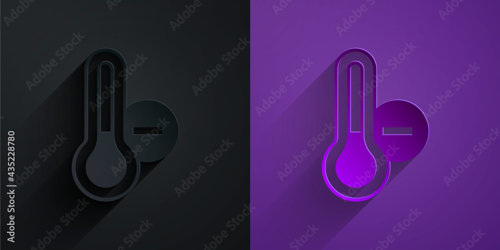 Paper cut Meteorology thermometer measuring icon isolated on black on purple background. Thermometer