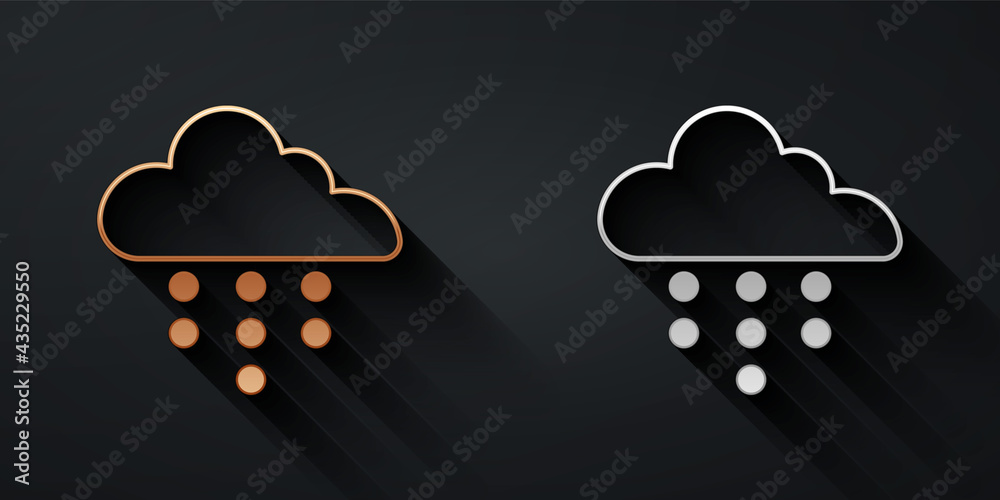 Gold and silver Cloud with rain icon isolated on black background. Rain cloud precipitation with rai