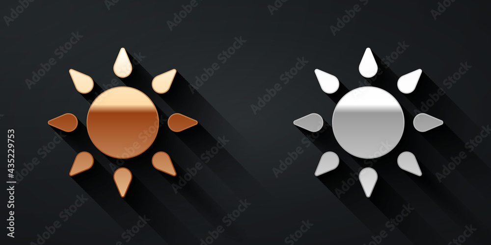 Gold and silver Sun icon isolated on black background. Long shadow style. Vector