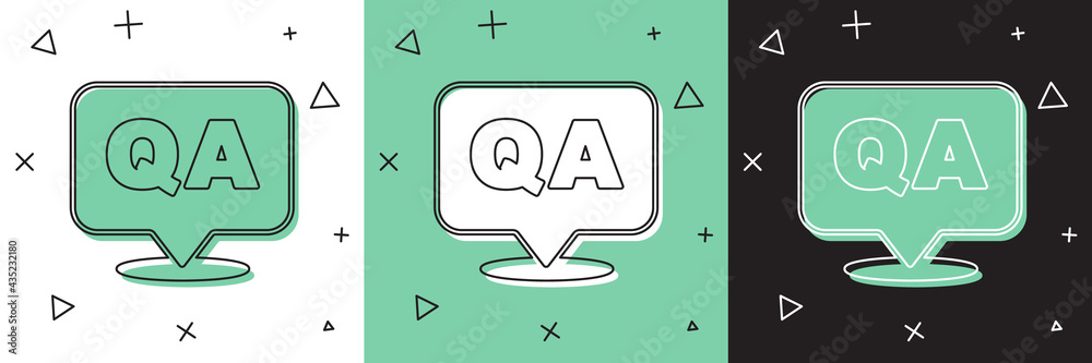 Set Speech bubbles with Question and Answer icon isolated on white and green, black background. Q an