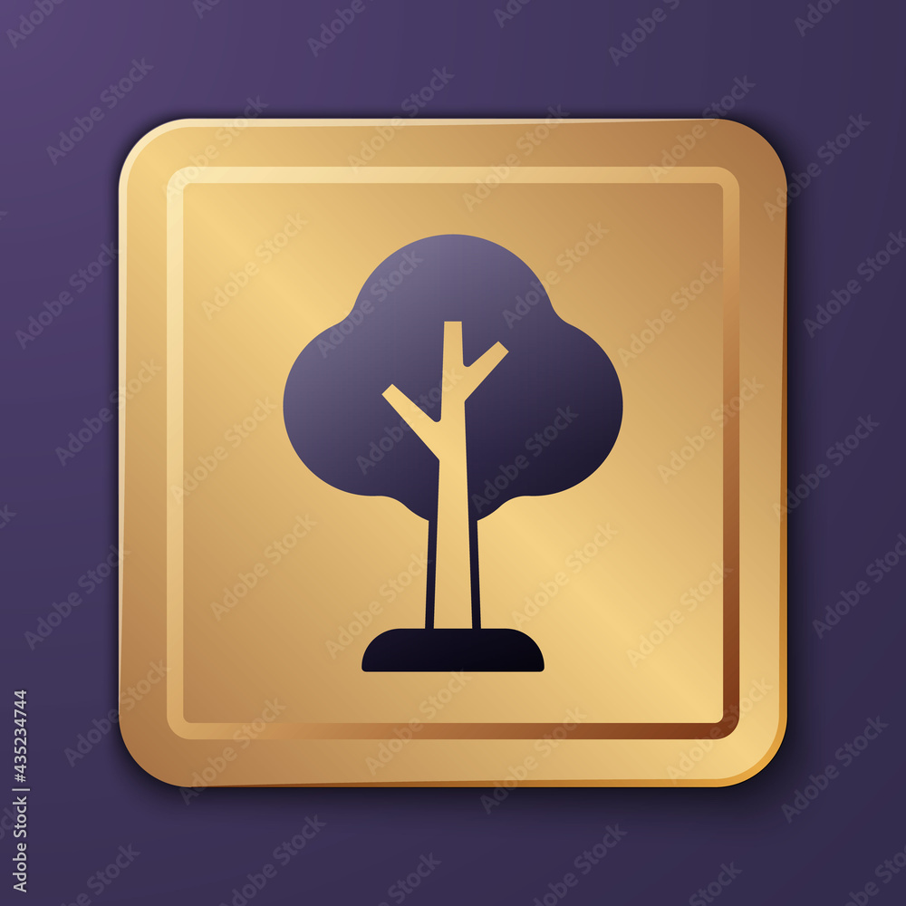 Purple Tree icon isolated on purple background. Forest symbol. Gold square button. Vector