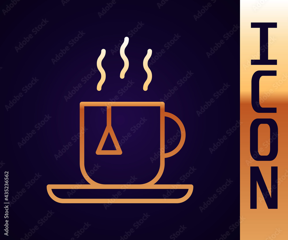 Gold line Cup of tea with tea bag icon isolated on black background. Vector Illustration