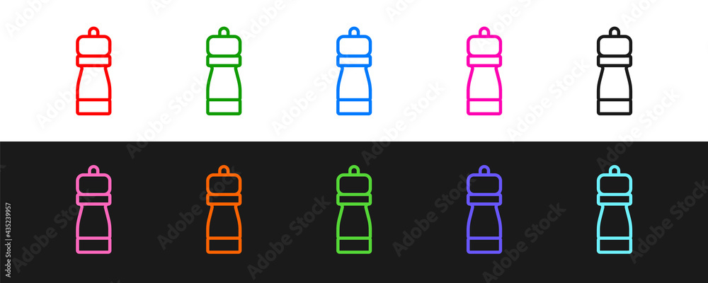 Set line Pepper icon isolated on black and white background. Cooking spices. Vector